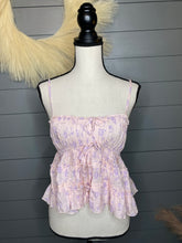 Load image into Gallery viewer, Fun And Flirty Clip Dot Smocked Floral Top With Tie Bow Front Detail