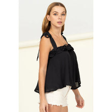 Load image into Gallery viewer, Hamptons Ready Black Tie Shoulder Ruffle Top