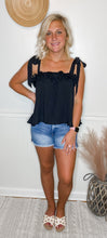 Load image into Gallery viewer, Hamptons Ready Black Tie Shoulder Ruffle Top