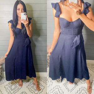 Frills And Fitted Dark Navy Corset Dress