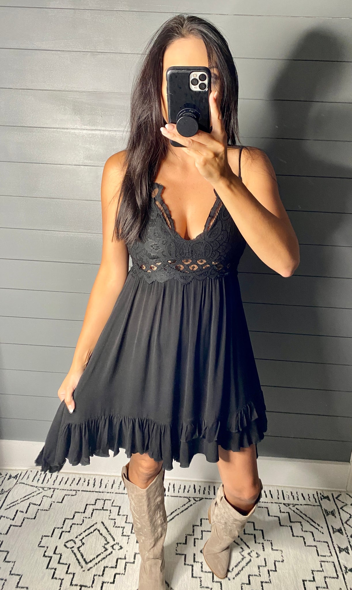 black bralette dress Black Ribbed Knit Plunge Neck Long Sleeve Midi Dress + Bralette