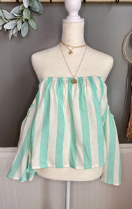 Rolling Into Summer Off The Shoulder Striped Linen Top