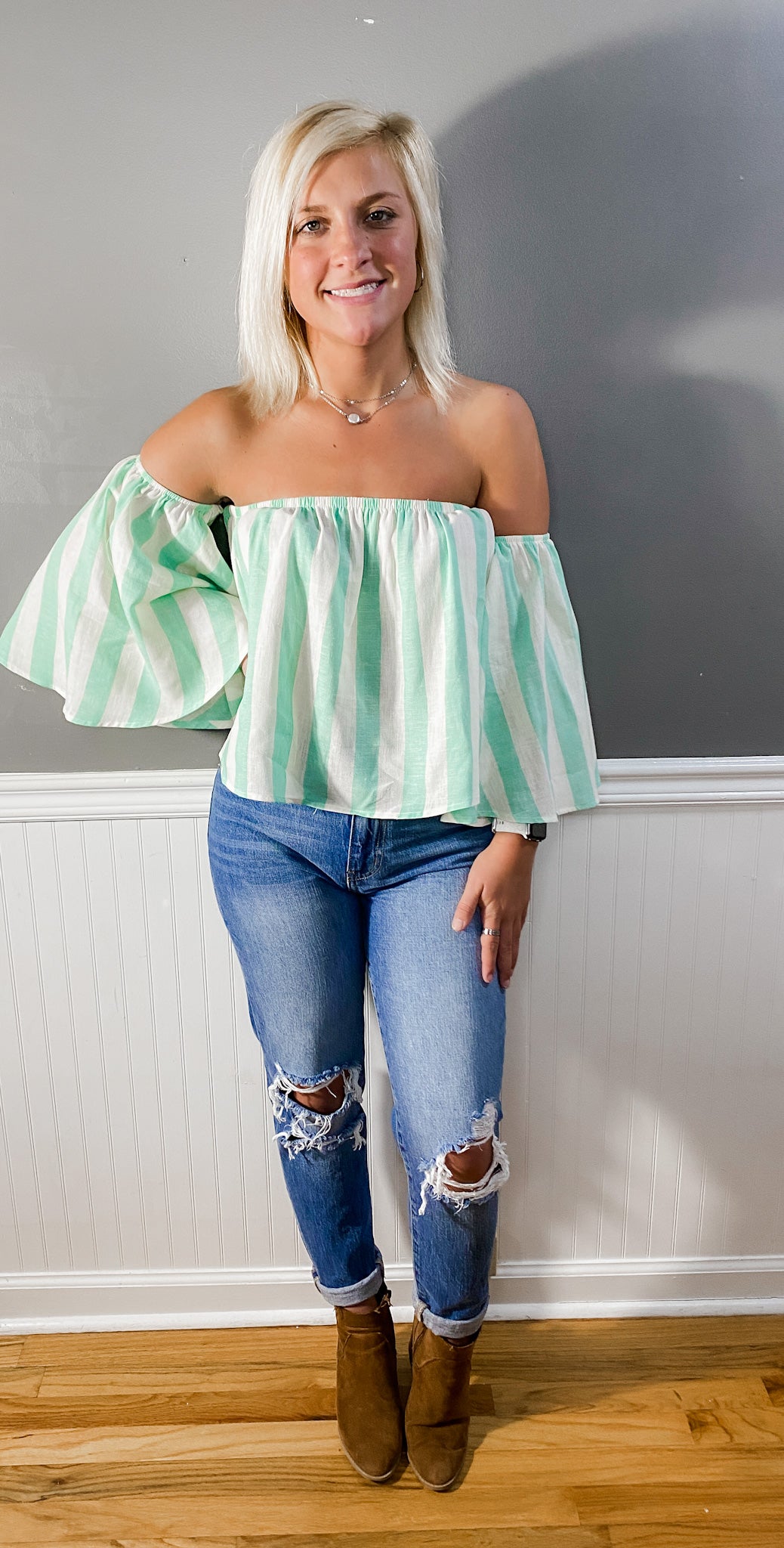 Rolling Into Summer Off The Shoulder Striped Linen Top