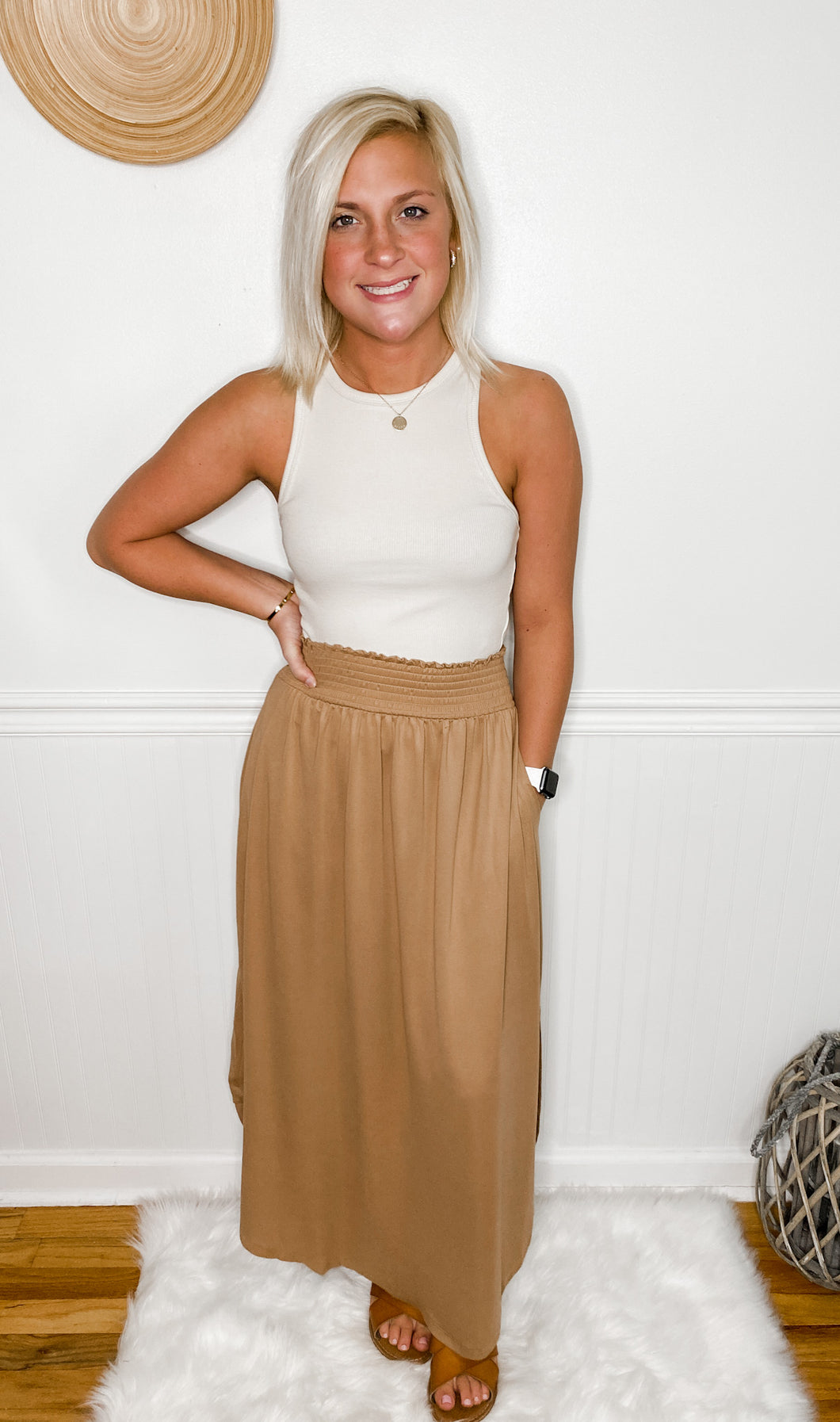 Curve Your Enthusiasm Maxi Skirt With Pockets In Camel