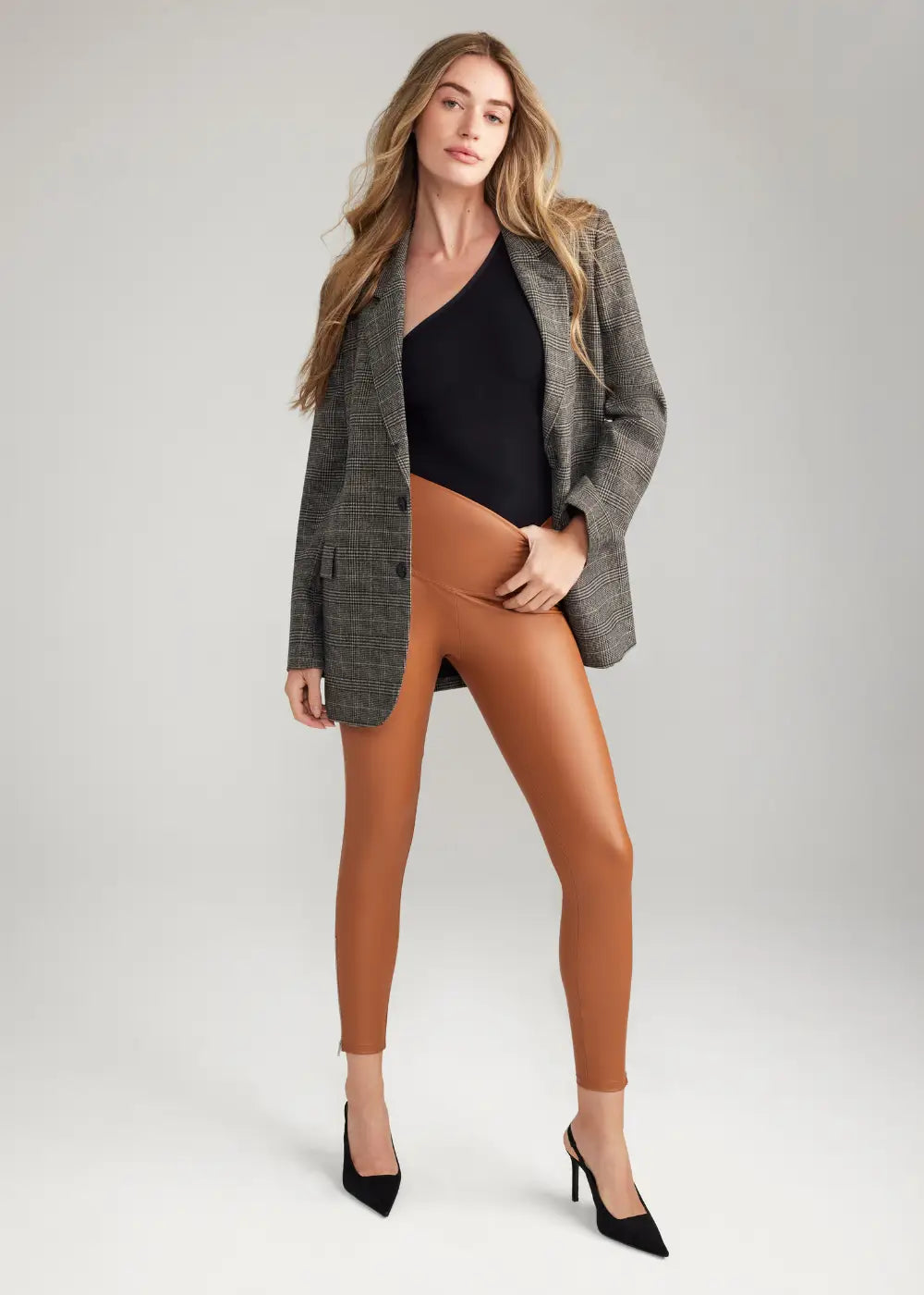 Yummie Faux Leather Tummy Control Leggings, Women's Fashion